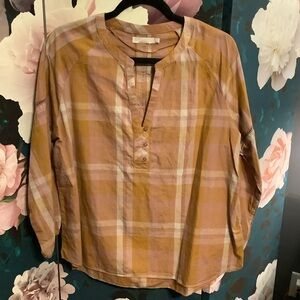 Prana Women's Plaid Blouse in Pink and Tan
